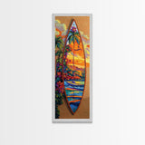Surfboard Tropical, Sunset, Palm, Framed Canvas Print, Hawaiian surf art, beach house decor, vibrant coastal living room artwork