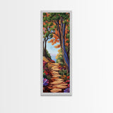 Autumn Pathway, Forest, Nature — Framed Canvas Print of scenic forest path with fall trees, cozy rustic living room wall decor, woodland art