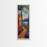 Seaside Garden, Pathway Escape, Framed Canvas Print, Mediterranean wall art, kitchen wall decor, colorful boho art, coastal landscape