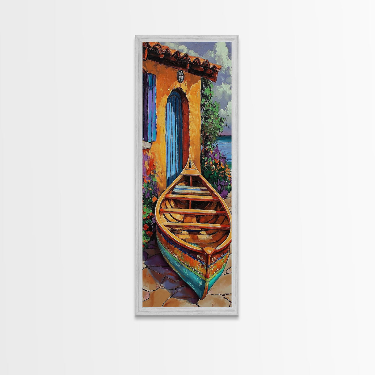 Docked Boat Flowers Villa, Framed Canvas Print, Mediterranean coastal home decor, bright rustic art, hallway wall art, summer lakehouse print
