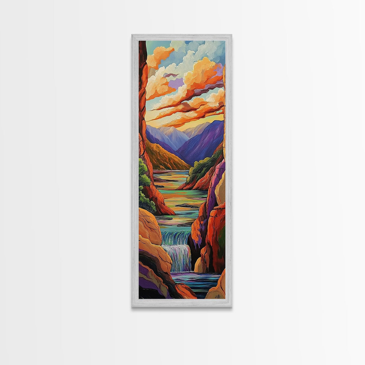 Canyon Sunset, Waterfall Calm, Framed Canvas Print, dramatic mountain wall art, nature inspired living room decor, colorful scenic landscape
