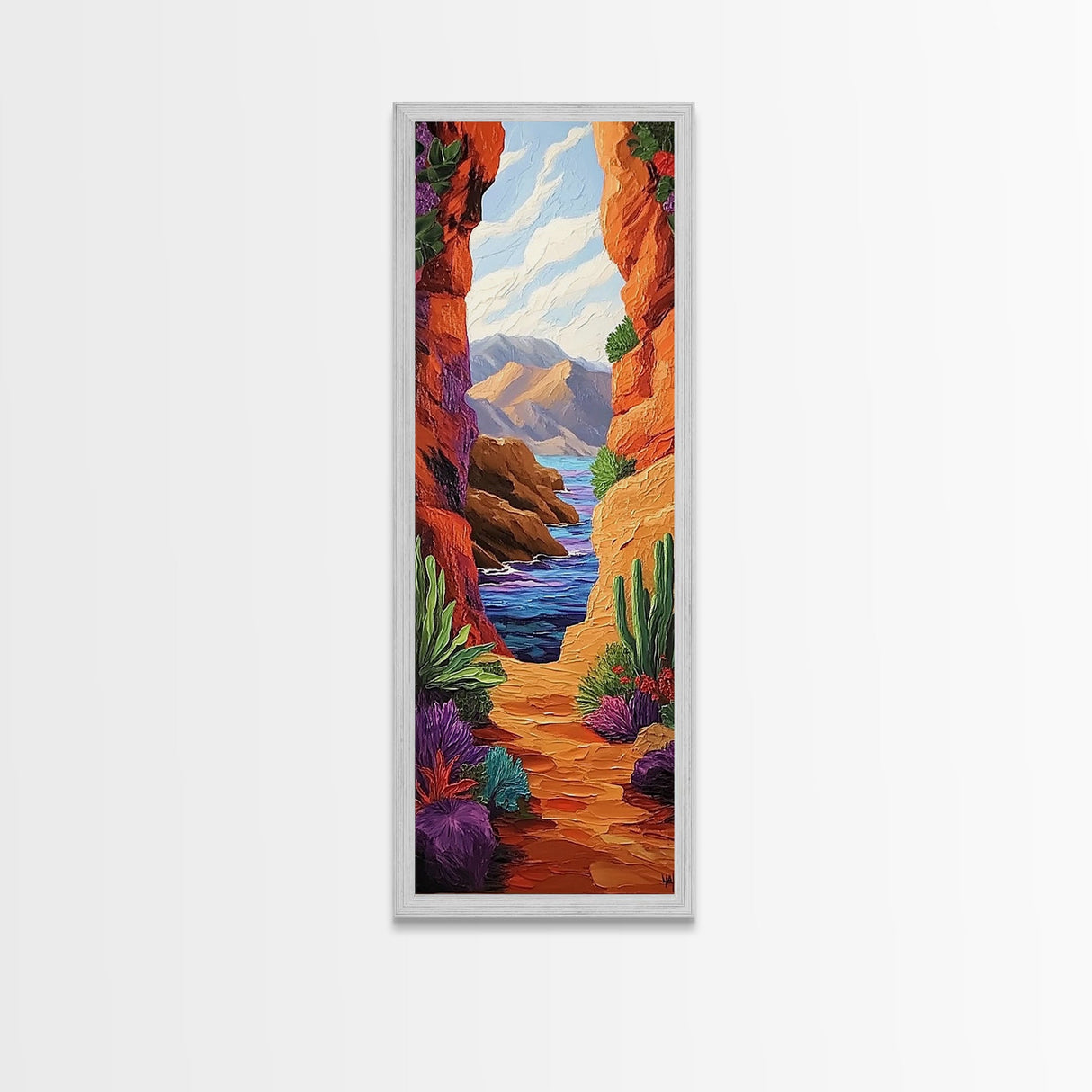 Desert Ocean, Cactus View, Framed Canvas Print, southwestern boho wall art, colorful nature painting, rustic hallway decor, warm earth tones