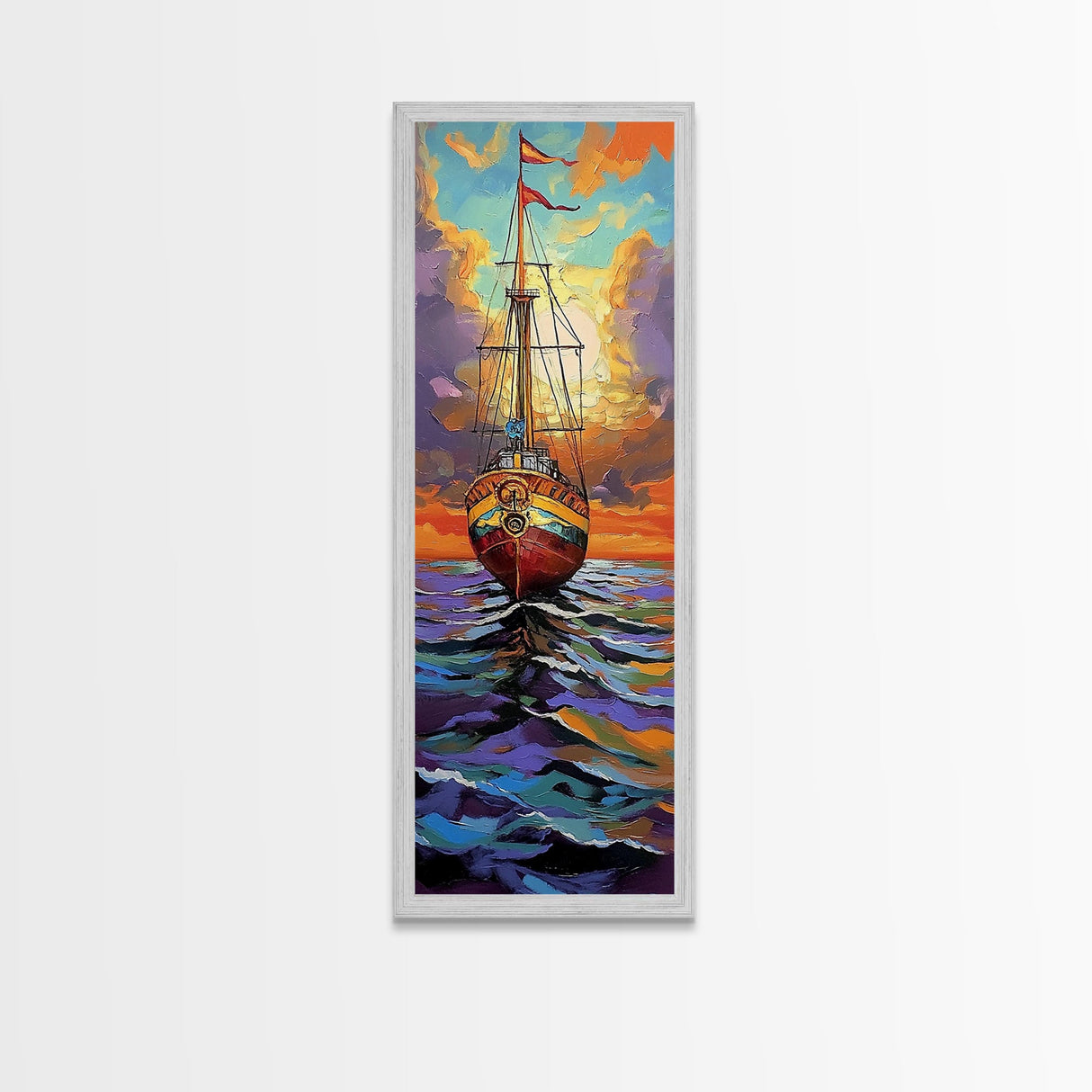 Pirate Ship, Sunset Ocean, Framed Canvas Print, nautical wall art, sailing adventure painting, moody seascape decor, office or den wall art
