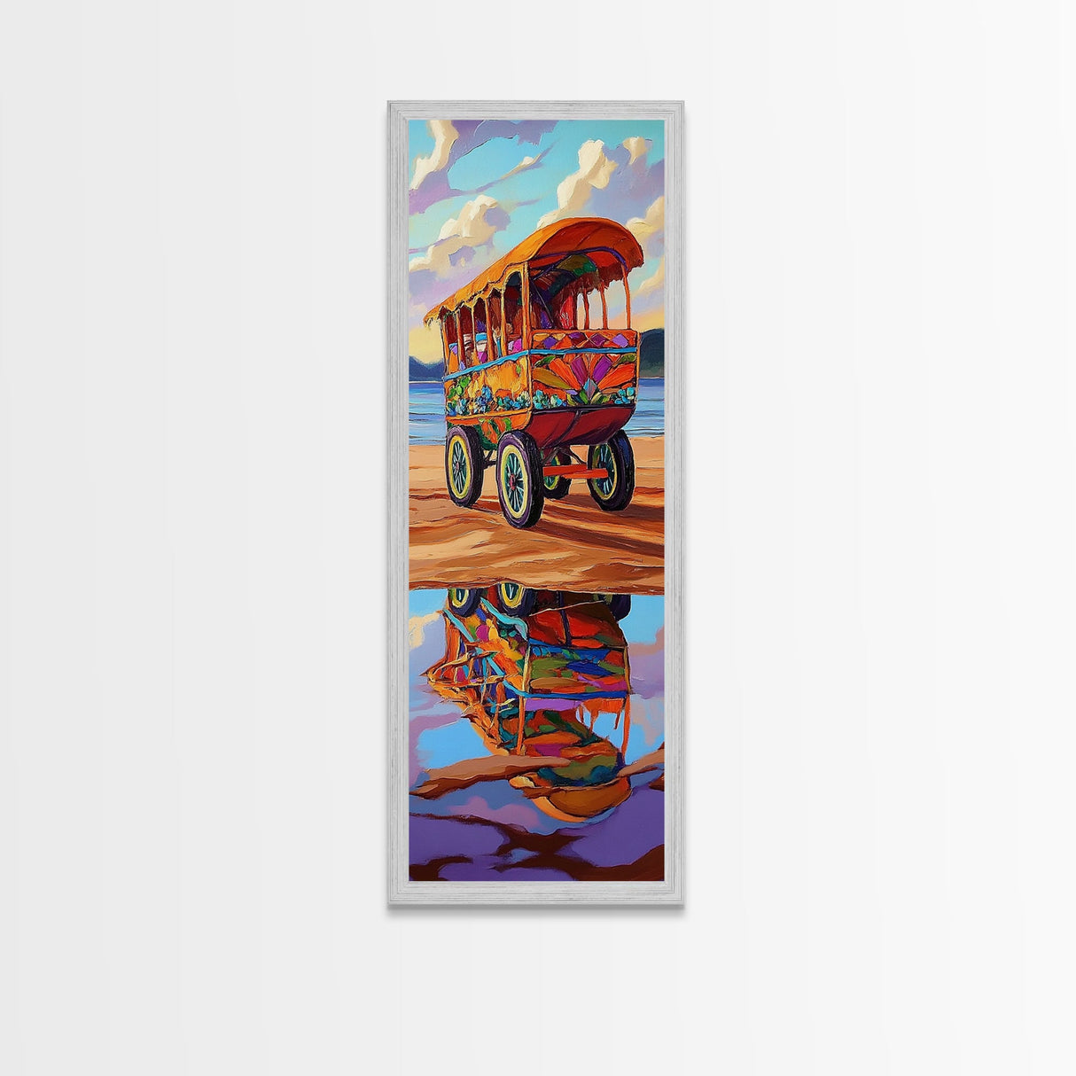 Wagon Reflection, Beach Vibrant, Framed Canvas Print, Colorful bohemian coastal art, living room decor, whimsical wall painting