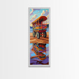 Wagon Reflection, Beach Vibrant, Framed Canvas Print, Colorful bohemian coastal art, living room decor, whimsical wall painting