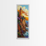 Lighthouse Sunset, Ocean Rocky, Framed Canvas Print, Nautical coastal art, lighthouse wall decor, living room or beach house art