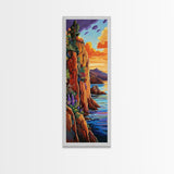 Sunset Cliffside, Ocean Tropical, Framed Canvas Print, Bold rocky coastline painting, tropical wall art, den or office decor piece