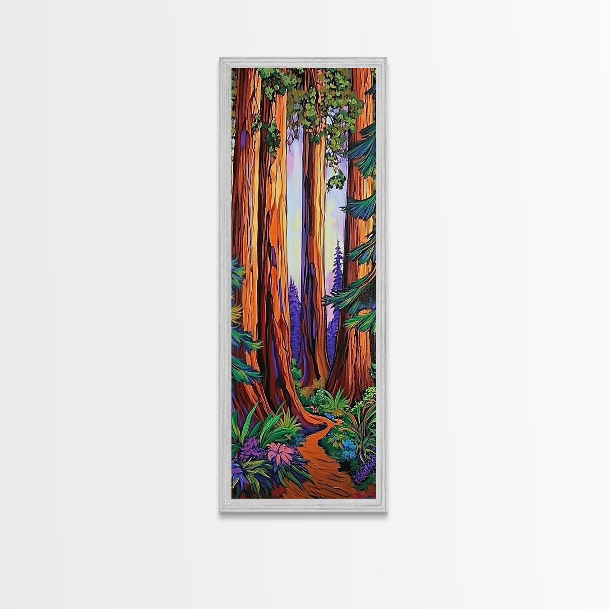 Redwood Forest, Pathway, Serenity - Framed Canvas Print, majestic tall trees art, calming woodland wall décor, rustic cabin or den decor