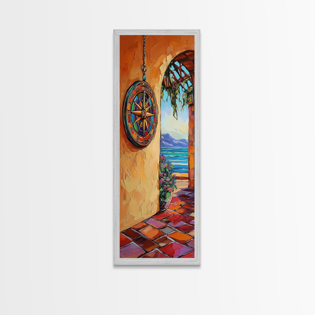 Coastal Compass, Archway View, Framed Canvas Print, Mediterranean boho home decor, nautical hallway wall art, vibrant beach escape