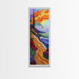 Sunset Beach, Garden, Path, Canvas Print, Autumn coastal art, bold floral landscape painting, entryway wall decor, seaside home accent