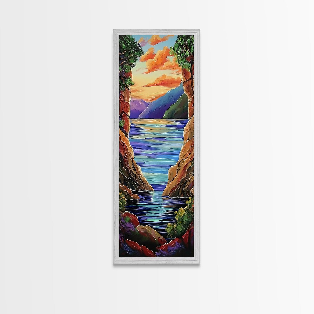 Mountain Canyon Sunset Water, Canvas Print, Sunset wall art, serene canyon lake painting, nature inspired hallway decor, boho peaceful print