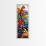 Autumn Cliff, Blossoms Ocean, Framed Canvas Print, fall coastal landscape art, mountainside floral decor, nature living room wall print