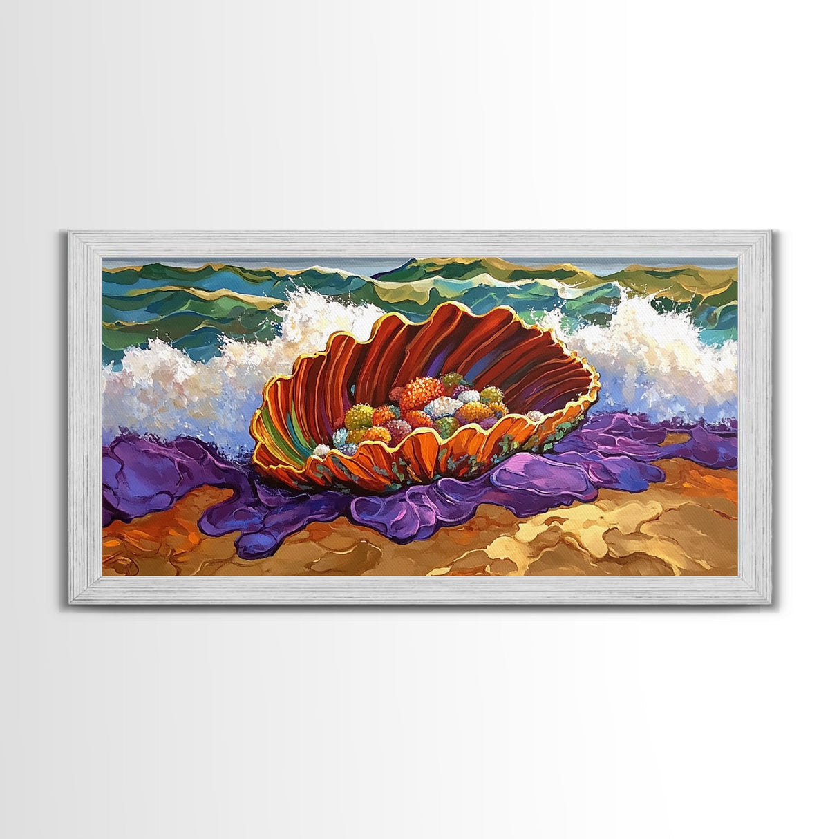 Shell Ocean, Jewel, Framed Canvas Print, Whimsical Ocean Shell Painting, Colorful Sea Treasure Wall Art, Nursery Decor