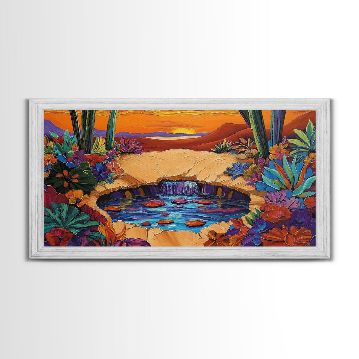 Sunset Cactus, Oasis, Vibrant Desert Canvas Print, Boho Living Room Wall Art, Colorful Sunset Painting, Southwest Style Artwork
