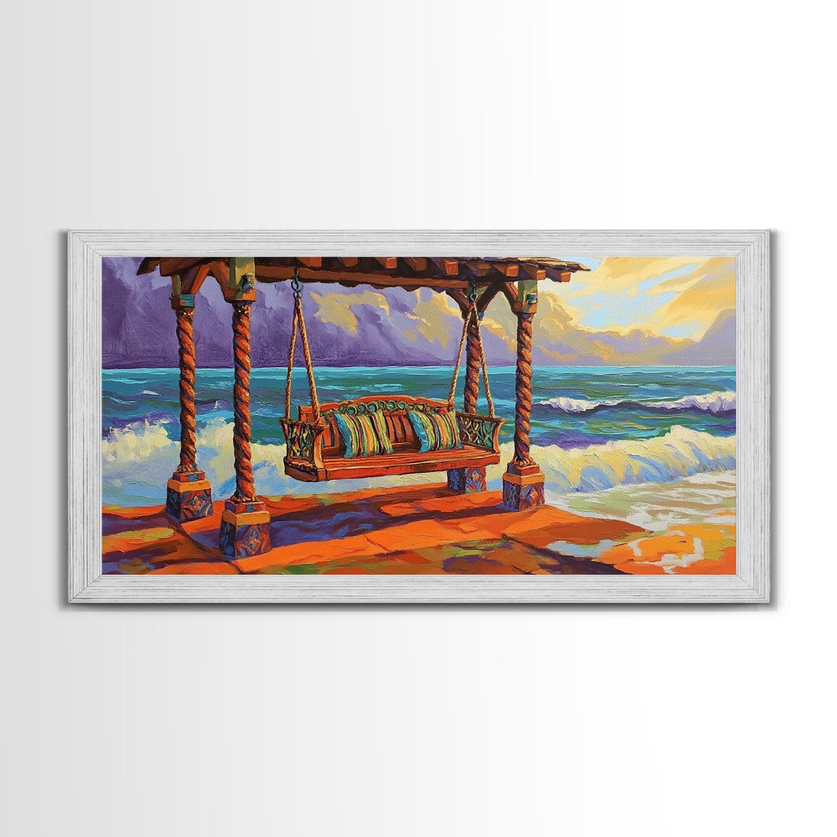 Swing Ocean, Sunset, Relaxing Coastal Art Canvas Print, Beach Swing Decor, Vibrant Seaside Living Room Wall Art, Boho Style