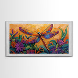 Dragonfly Garden, Sunset, Colorful Nature Canvas Print, Vibrant Insect Wall Decor, Boho Art Bedroom Accent, Summer Style