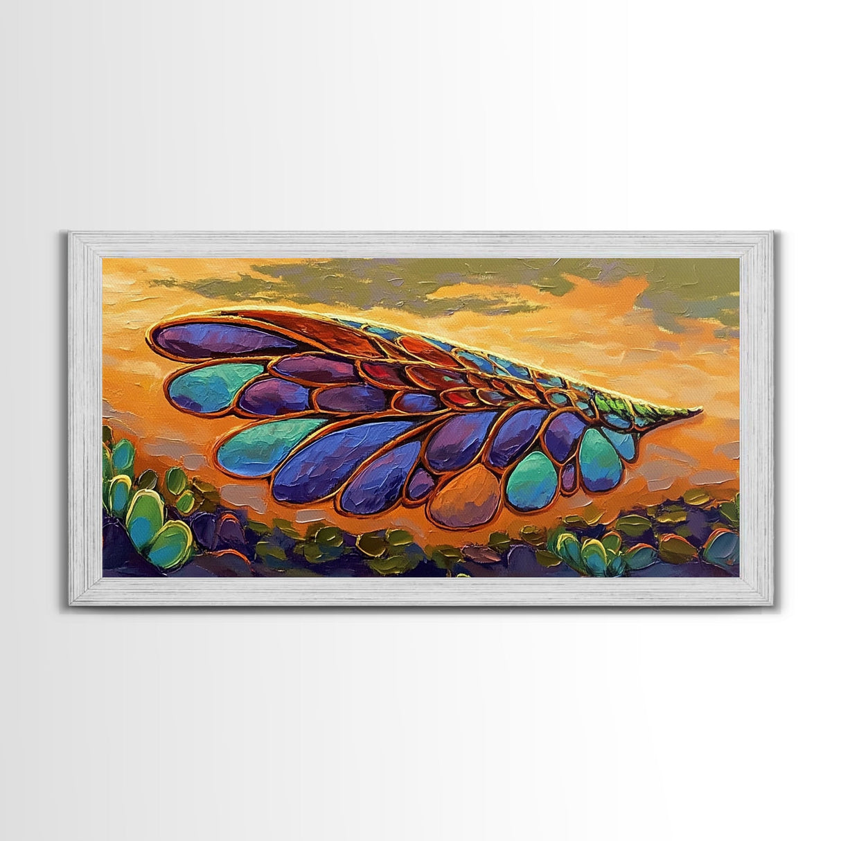 Wings Sunset, Nature, Abstract Boho Wall Art Framed Canvas Print, Colorful Dragonfly Wing Design, Living Room Focal Piece