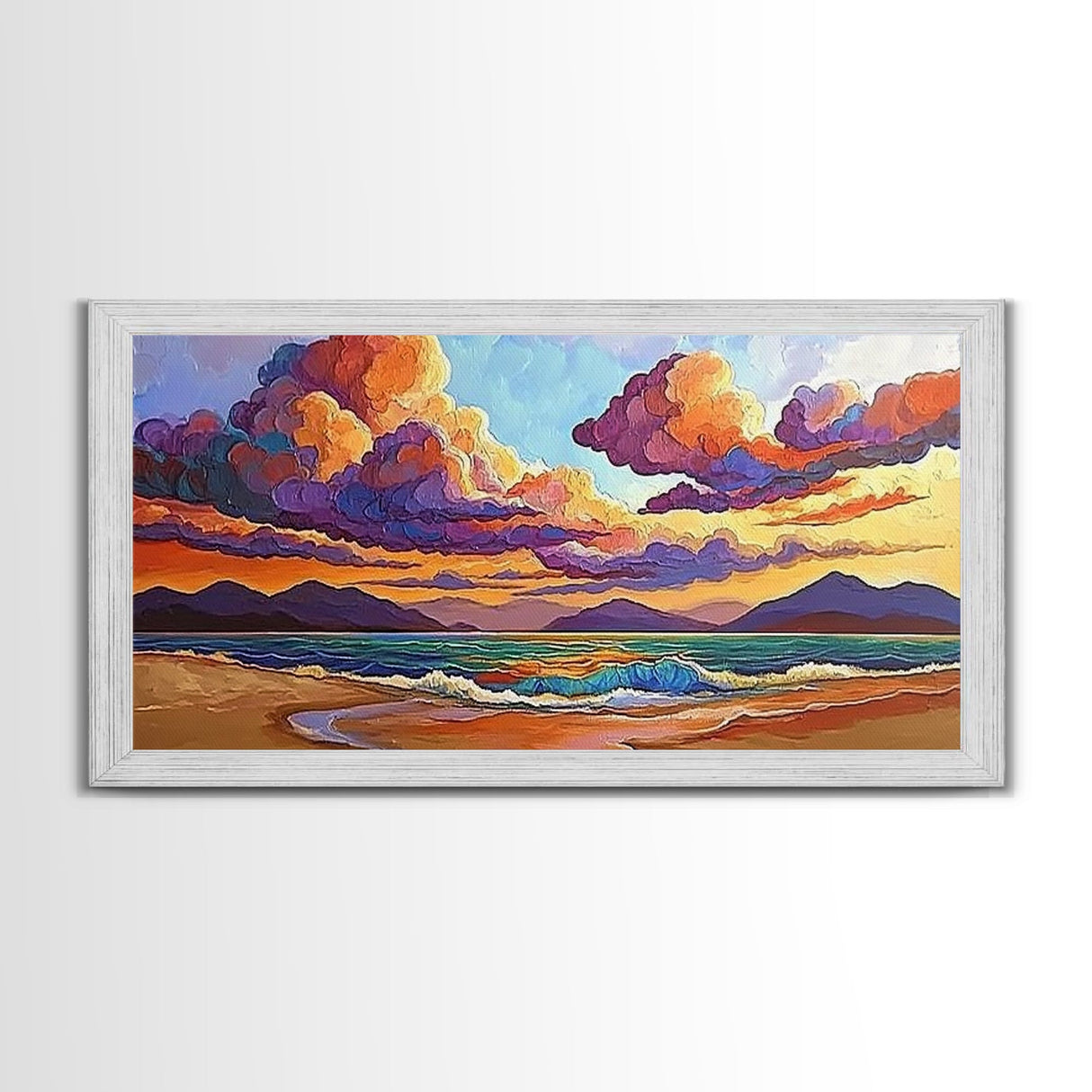 Colorful Sunset, Clouds, Mountains, Framed Canvas Print vibrant beach wall decor, sky and sea painting, boho art, coastal living room