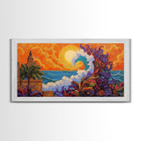Ocean Wave, Sunset, Lighthouse, Framed Canvas Print vibrant coastal art, whimsical seascape painting, tropical decor, beach wall art