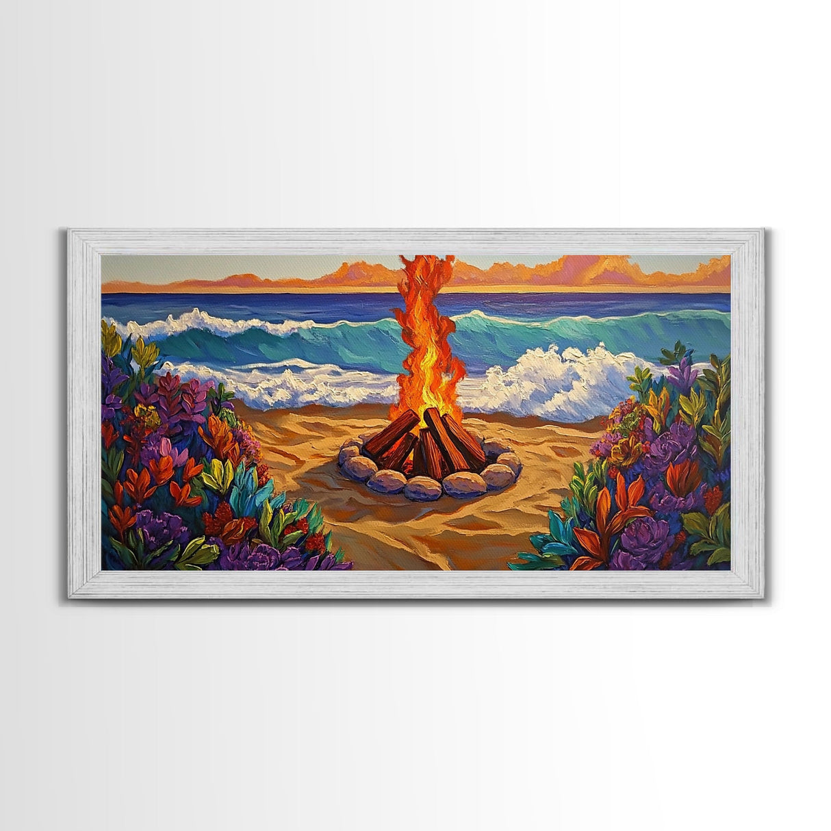 Fire Beach, Ocean, Framed Canvas Print, Sunset Beach Bonfire Painting, Vibrant Coastal Campfire Wall Art, Boho Living Room Decor