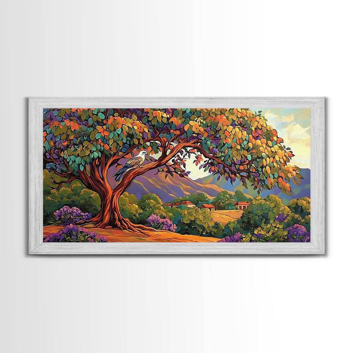 Tree Bird, Village, Sunset, Canvas Print autumn countryside art, peaceful nature wall painting, colorful landscape, farmhouse decor