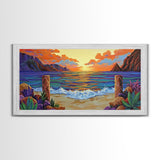 Sunset Beach, Waves, Colorful sunset beach seascape with waves and mountain view, Canvas Print, tropical coastal wall decor