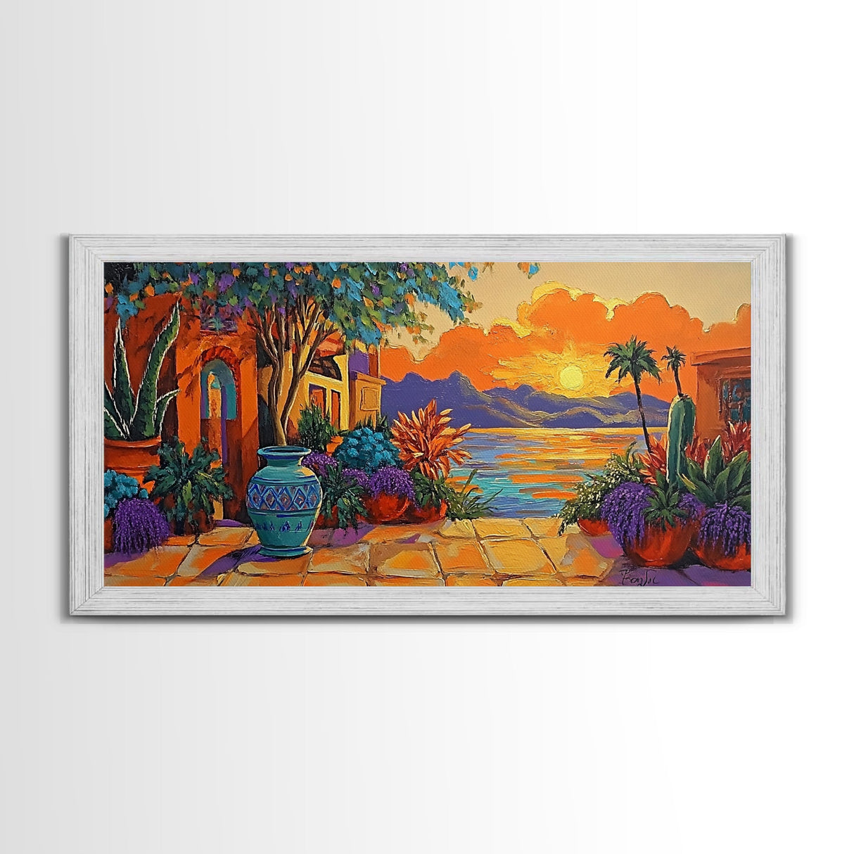 Sunset Courtyard, View, Vibrant sunset courtyard scene with ocean and mountain backdrop, Framed Canvas Print, kitchen wall art