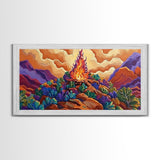 Campfire, Mountains, Glow, Vibrant campfire scene with colorful mountains and plants, Framed Canvas Print, rustic cabin wall art
