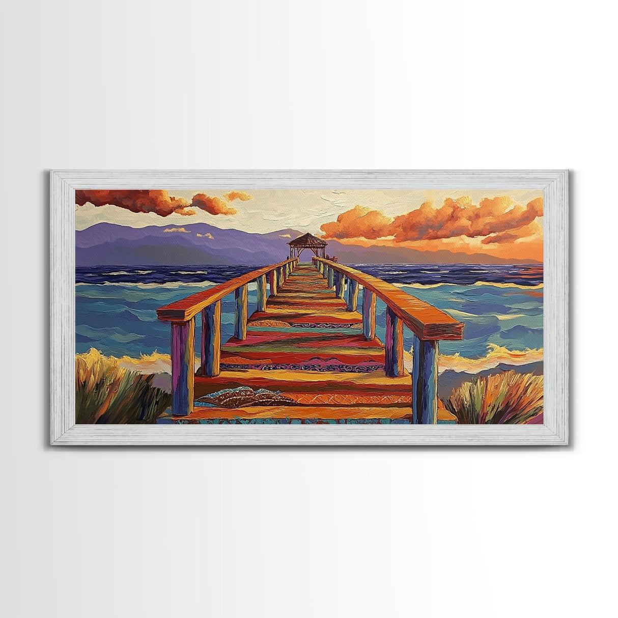 Pier Ocean, Sunset, Vibrant sunset over colorful pier walkway into the sea, Framed Canvas Print, coastal living decor