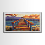 Pier Ocean, Sunset, Vibrant sunset over colorful pier walkway into the sea, Framed Canvas Print, coastal living decor