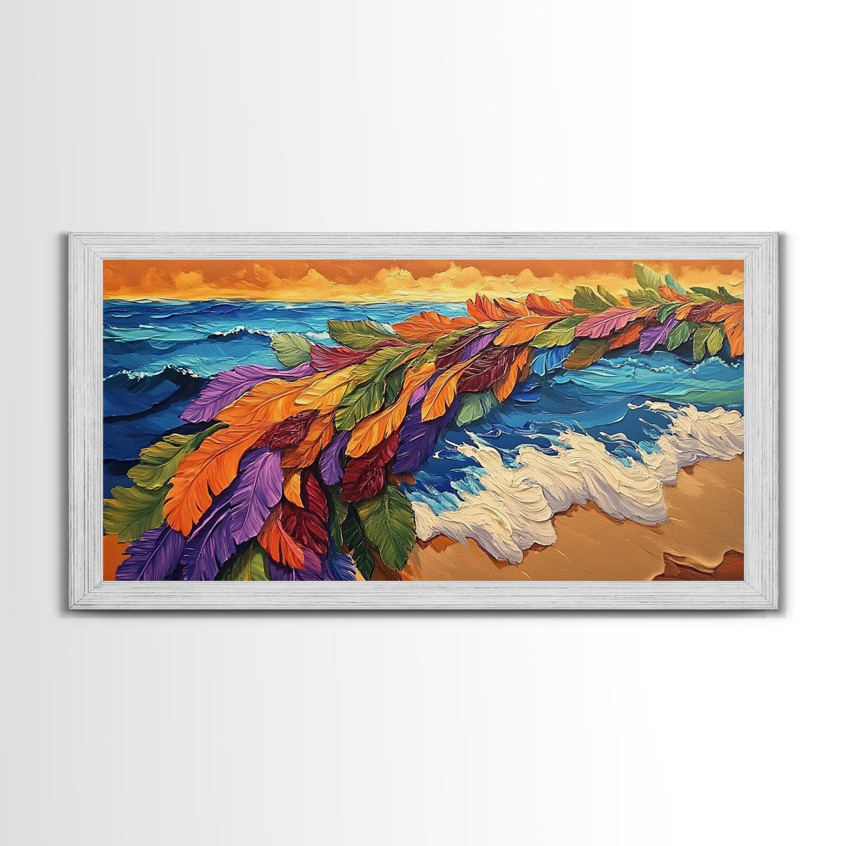 Feathers, Ocean, Sunset, Vibes, Framed Canvas Print, Bold beach decor, coastal boho wall art, tropical living room statement piece