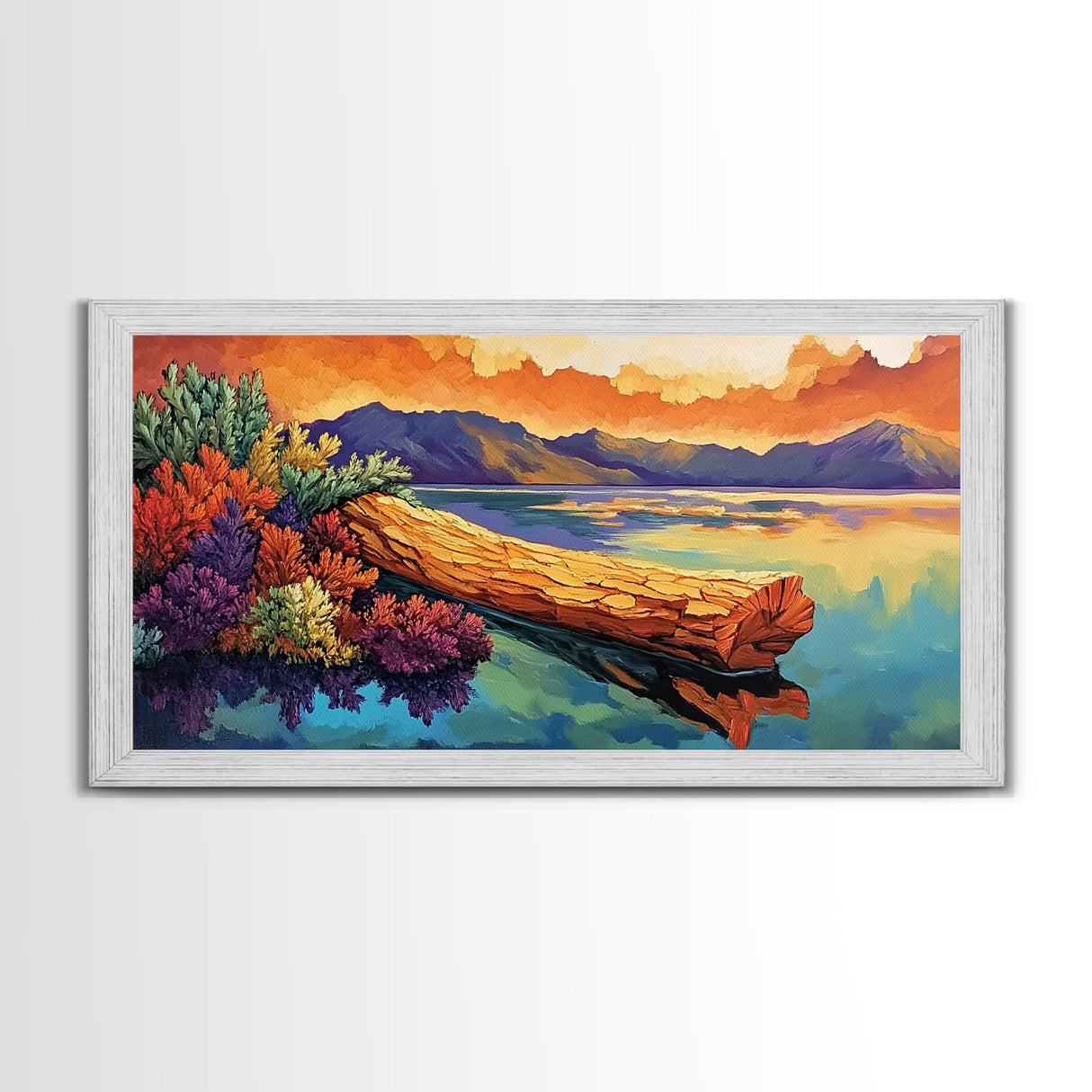 Driftwood, Water, Mountains, Nature, Framed Canvas Print, Scenic log lake art, cabin lodge vibes, peaceful living room wall decor