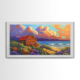Cabin by Ocean, Colorful Beach Sunset, Cloudy Sky Art, Canvas Print, Autumn Wall Decor, Cozy Living Room Art, Rustic Coastal Scene