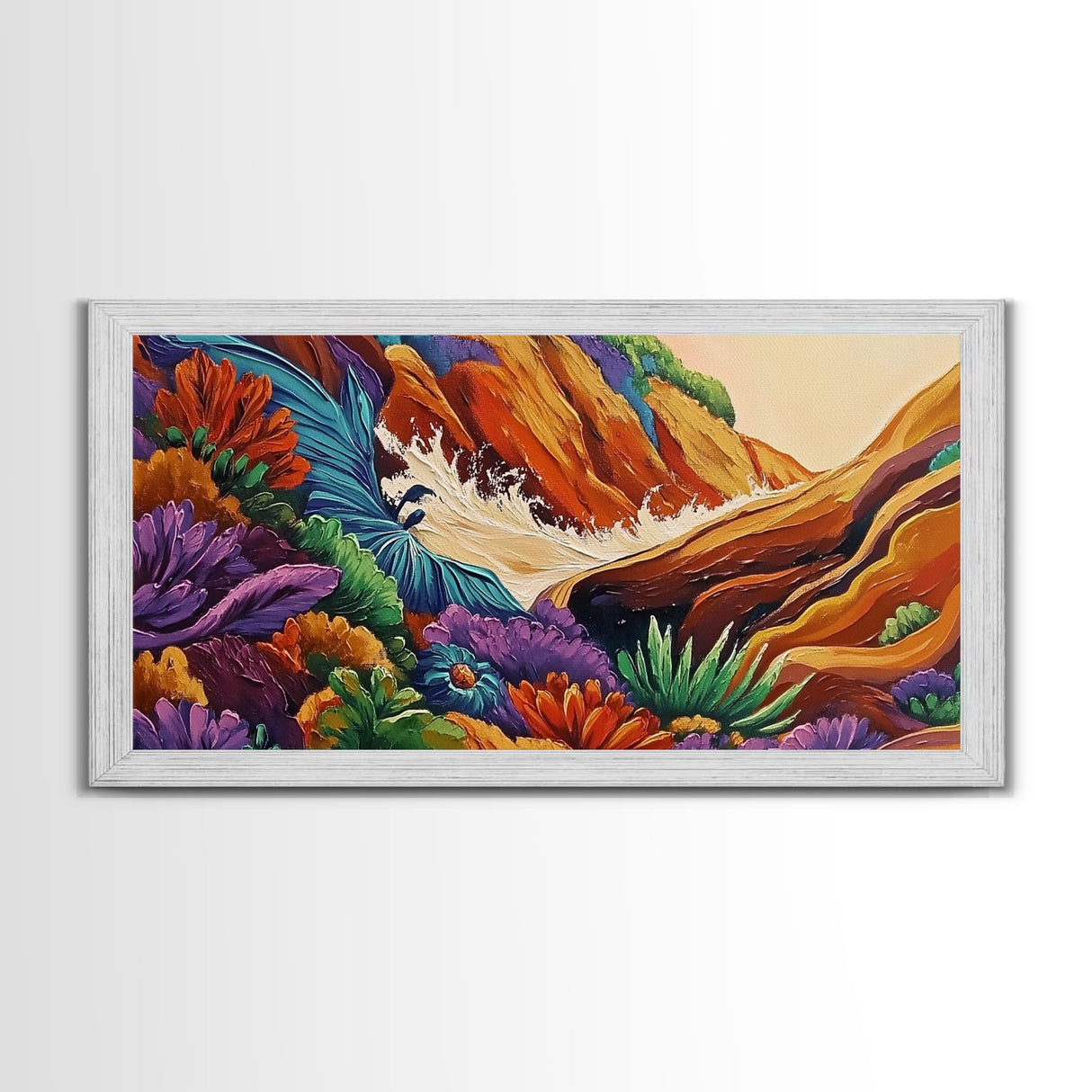 Rocky Wave Crash, Bold Ocean Splash, Coastal Nature Art, Framed Canvas Print, Vibrant Bathroom Decor, Colorful Beach Scene