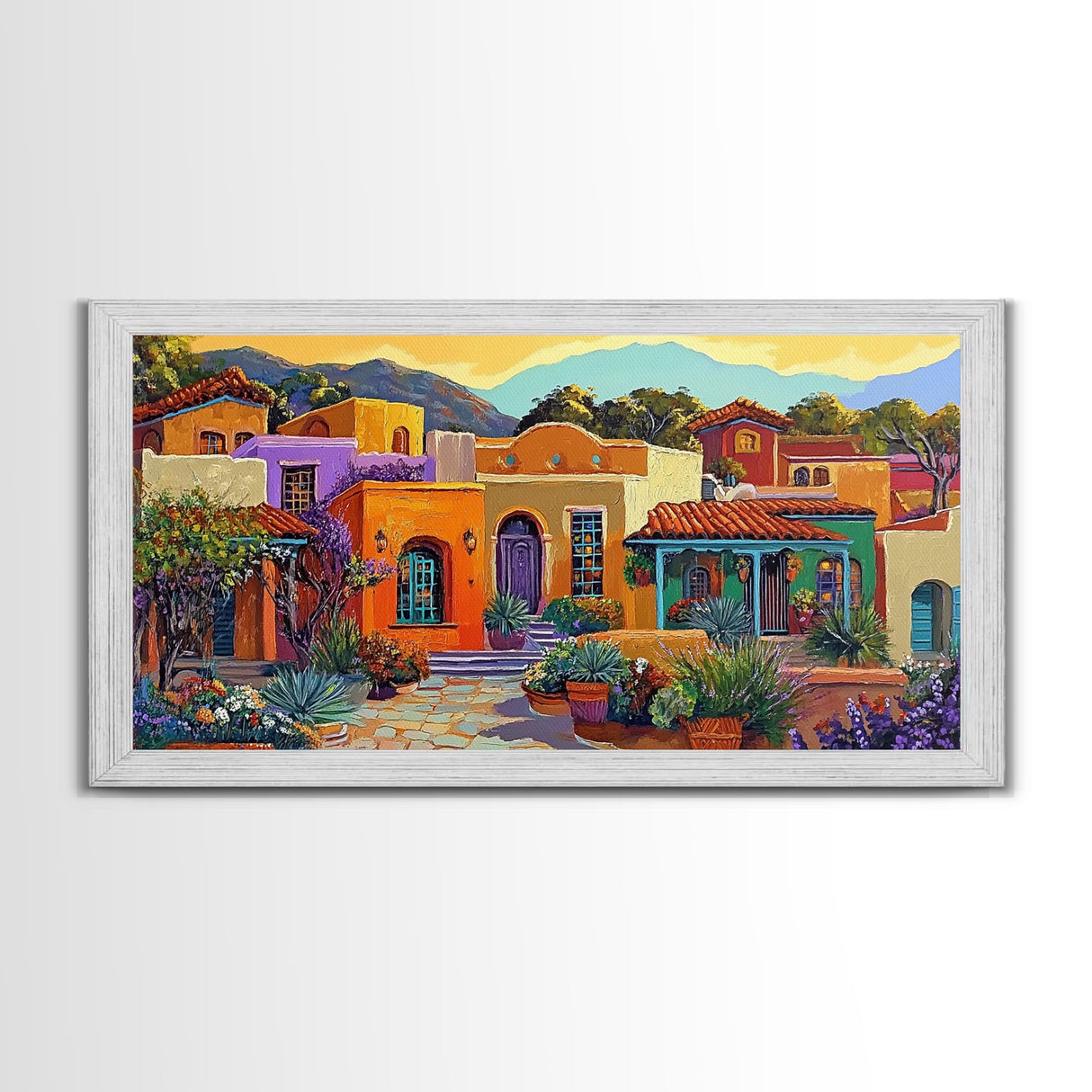 Colorful Adobe Homes, Desert Village Scene, Southwest Art Style, Canvas Print, Boho Wall Decor, Vibrant Courtyard Painting