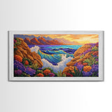 Ocean Cliff View, Crashing Waves Sunset, Bold Coastal Art, Framed Canvas Print, Nature Inspired Decor, Vibrant Seascape Painting
