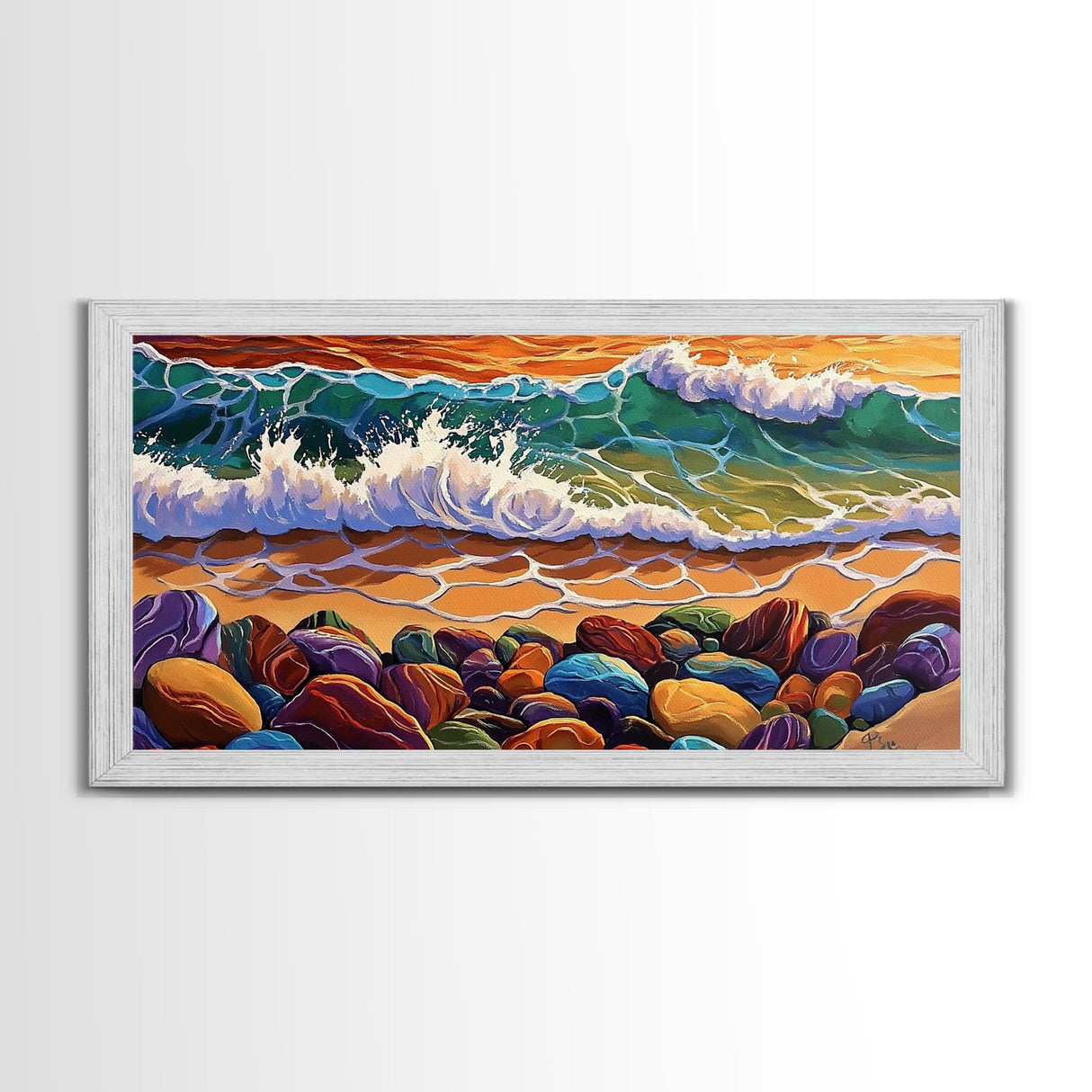 Colorful Ocean, Stones, Framed Canvas Print, Sunset wave beach scene, Living Room Wall Art, coastal decor, boho landscape painting
