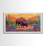 Buffalo Desert, Flowers, Canvas Print, Western buffalo art, colorful desert scene, ranch decor, Office Wall Art, Autumn Wall Art