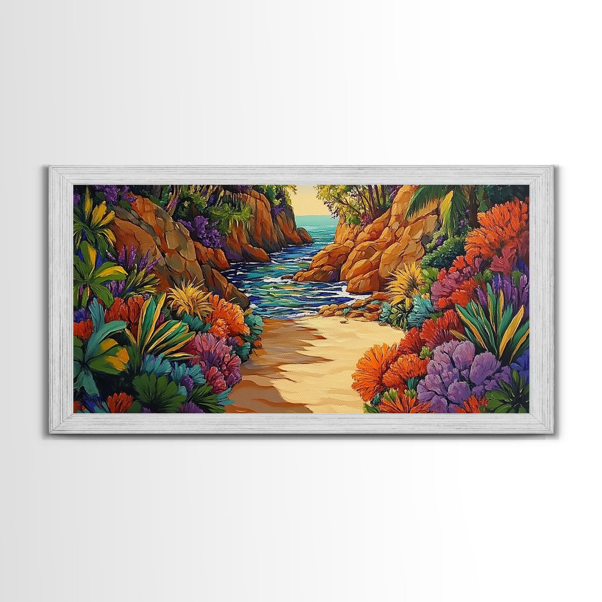 Jungle Cove, Bright, Canvas Print, Lush tropical jungle path to sea, Dining Room Wall Art, nature artwork, bohemian coastal print