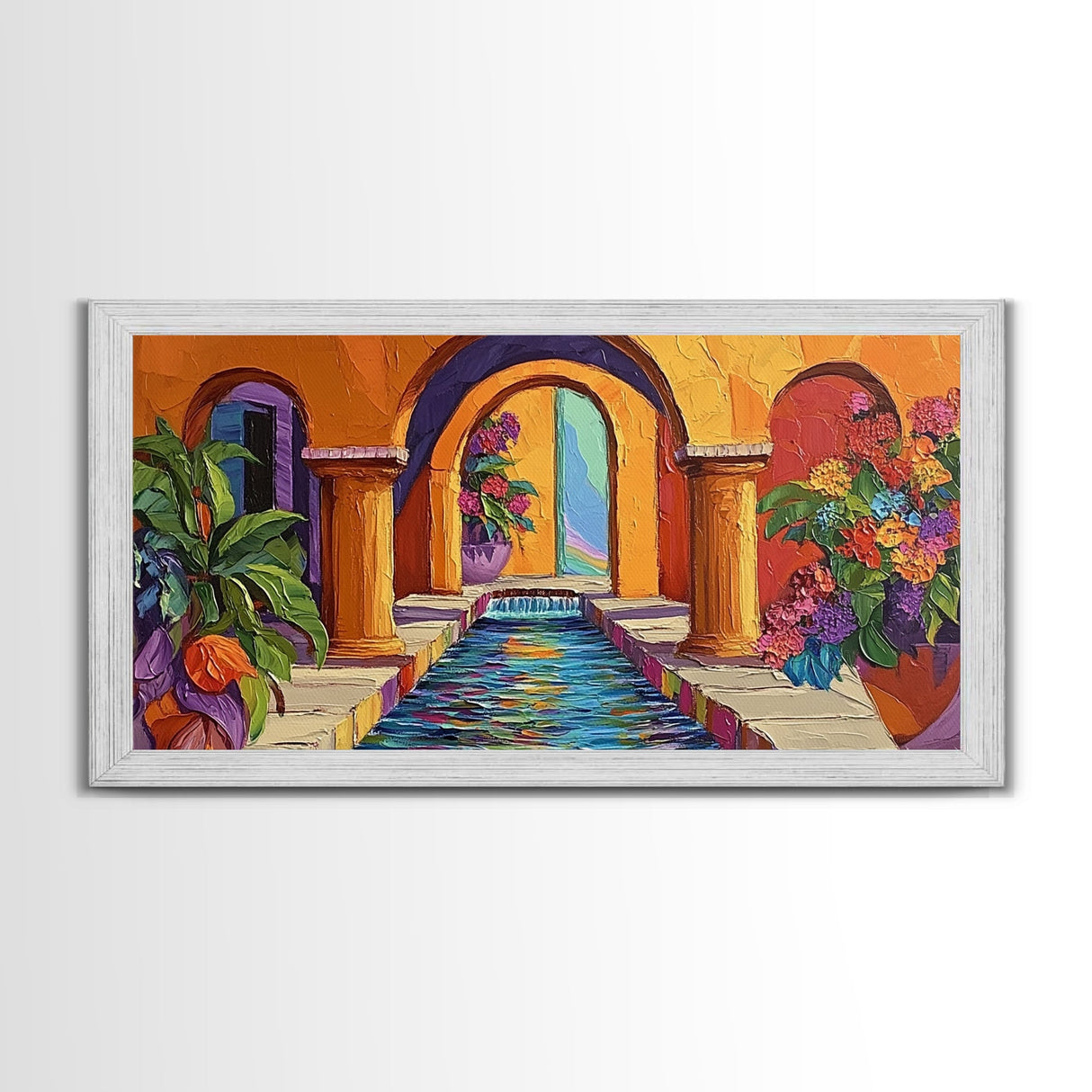 Courtyard Fountain, Colorful, Mediterranean, Framed Canvas Print, Spanish Style Art, Hallway Wall Decor, Bold Architecture Painting