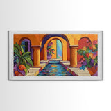 Courtyard Fountain, Colorful, Mediterranean, Framed Canvas Print, Spanish Style Art, Hallway Wall Decor, Bold Architecture Painting