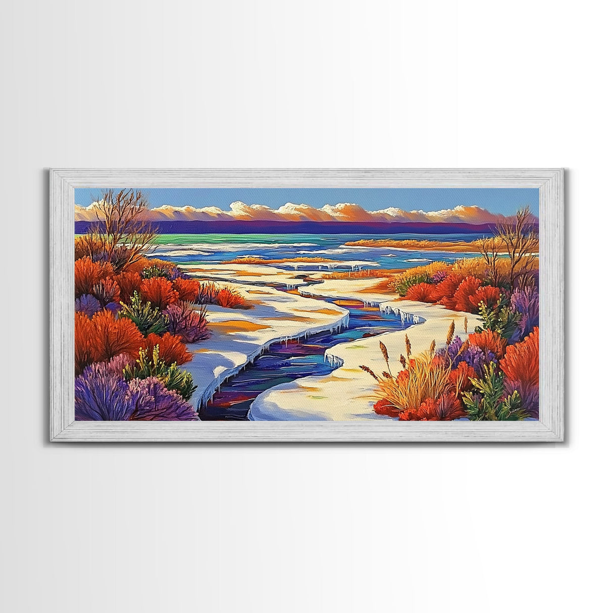 Winter River, Snow, Colorful, Framed Canvas Print, Winter Wonderland Art, Vibrant Seasonal Landscape, Cozy Cabin Wall Decor