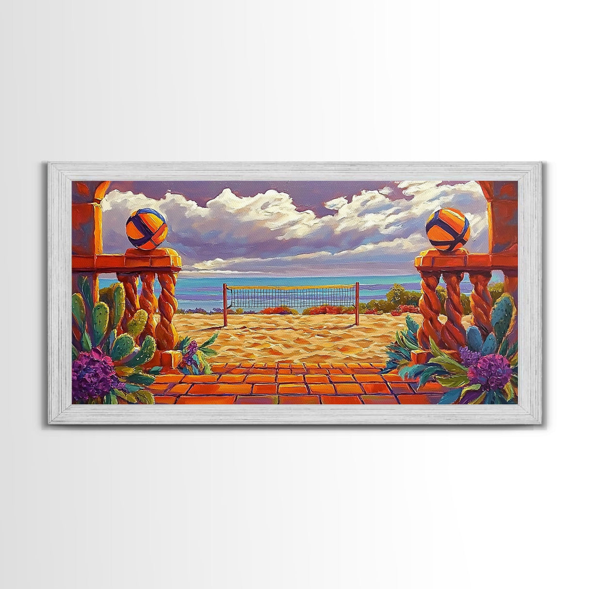 Volleyball Ocean, Sunset, Framed Canvas Print, Vibrant Beach Volleyball Scene, Sporty Coastal Wall Art, Game Room Decor