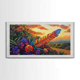 Feather Sunset, Flowers, Nature, Framed Canvas Print, Boho Feather Wall Art, Fall Home Decor, Living Room Autumn Art, Nature Painting