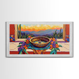 Fountain Sunset Flowers, Serenity, Framed Canvas Print, Southwestern Wall Art, Boho Vibe, Tranquil Home Decor, Kitchen or Entryway Art
