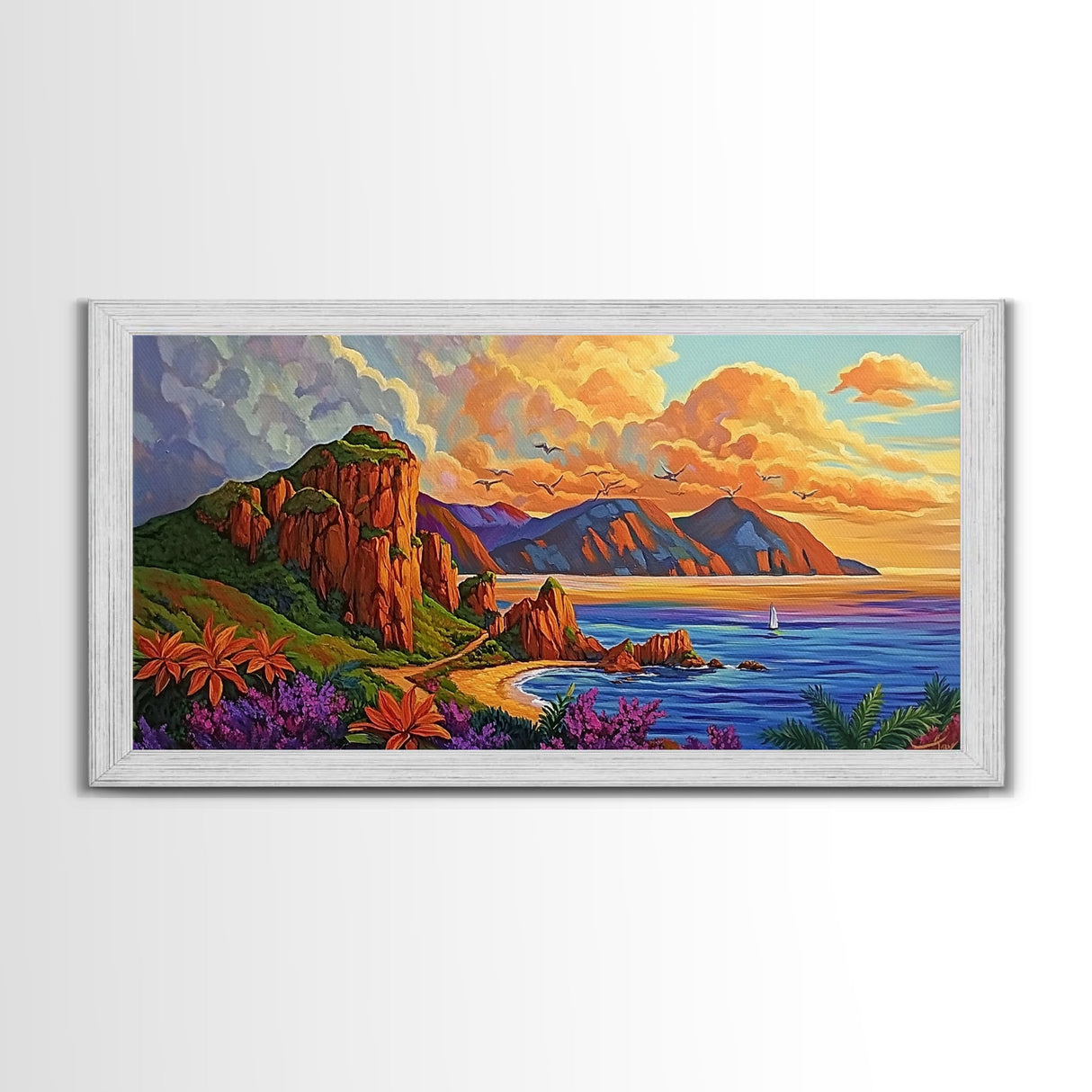 Coastline Mountains, Sunset, Landscape, Framed Canvas Print, Seascape Wall Art, Coastal Decor, Colorful Landscape, Living Room Beach Art
