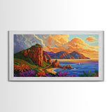 Coastline Mountains, Sunset, Landscape, Framed Canvas Print, Seascape Wall Art, Coastal Decor, Colorful Landscape, Living Room Beach Art