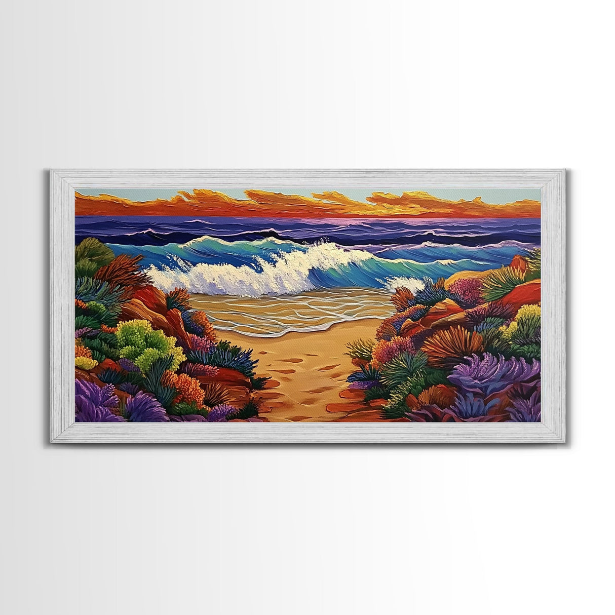Waves Beach, Sunset, Coastal, Framed Canvas Print, Ocean Wall Art, Colorful Seascape Decor, Nautical Living Room Accent, Coastal Vibes