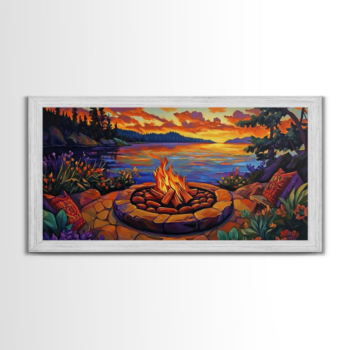 Firepit Sunset, Cozy, Night, Canvas Print warm evening campfire artwork, fall wall decor, lakeside cabin print, romantic outdoor setting