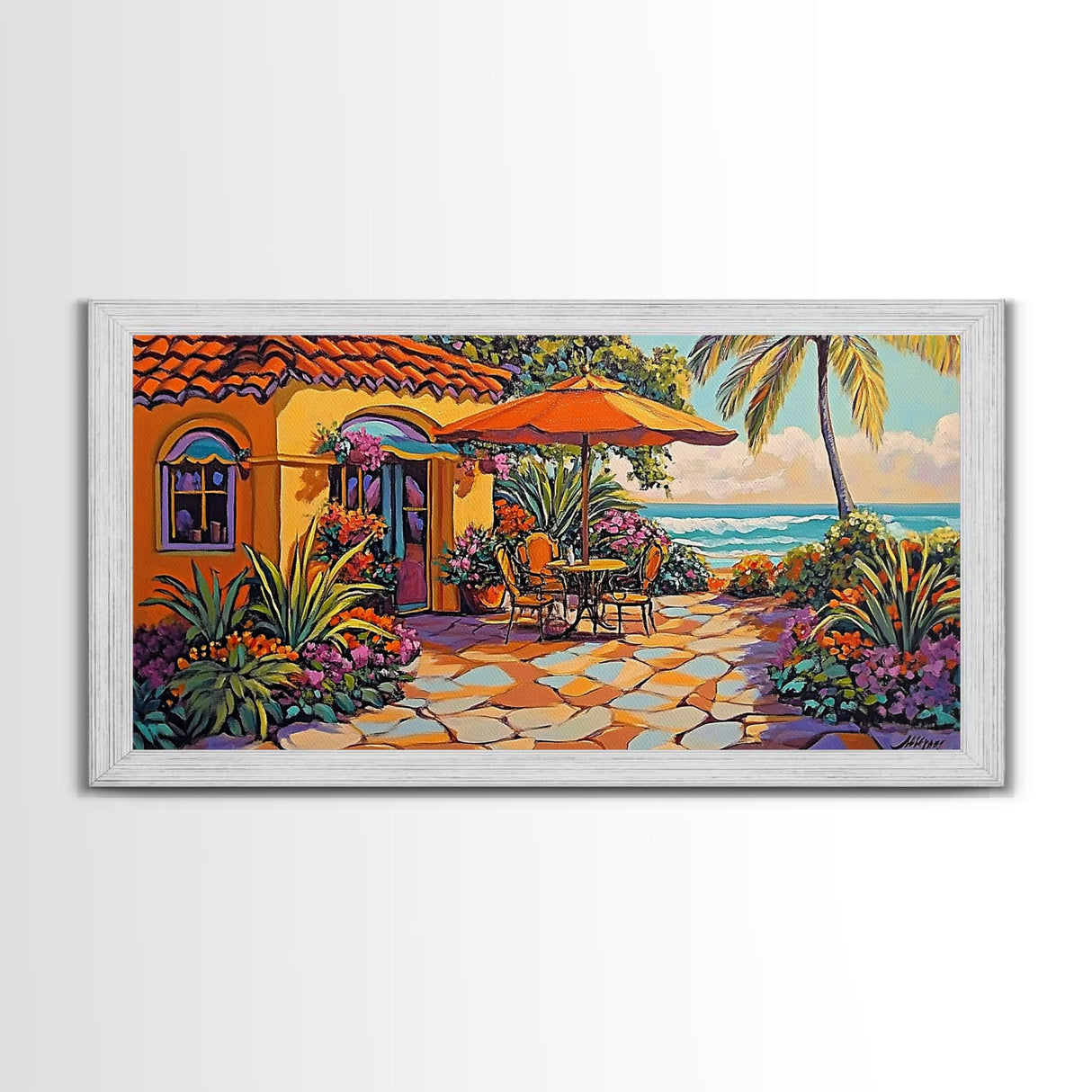 Patio Palm, Ocean, Framed Canvas Print, Tropical Patio Garden Scene, Warm Mediterranean Style Wall Decor,  Dining Room Art